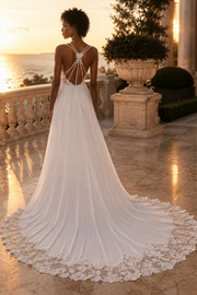 Chic V-Neck Straps Lace And Chiffon Empire A-Line Split Wedding Dress