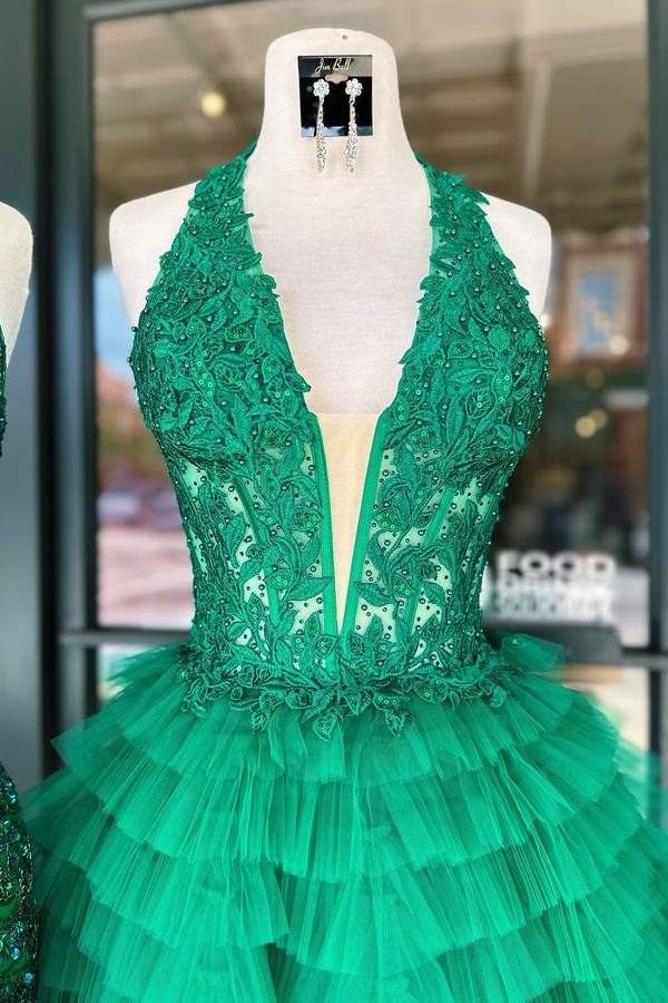 Chic Tulle A-Line V-Neck Halter Appliques Tiered Homecoming Dress | Joyofdress Chic Tulle A-Line V-Neck Halter Appliques Tiered Homecoming Dress | Joyofdress