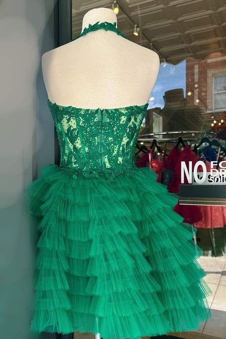 Chic Tulle A-Line V-Neck Halter Appliques Tiered Green Color Back View