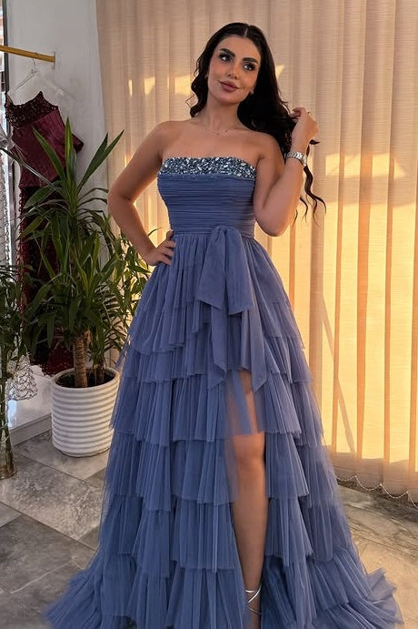 Chiffon A-Line Beaded Strapless Empire Tiered Party Prom Dress