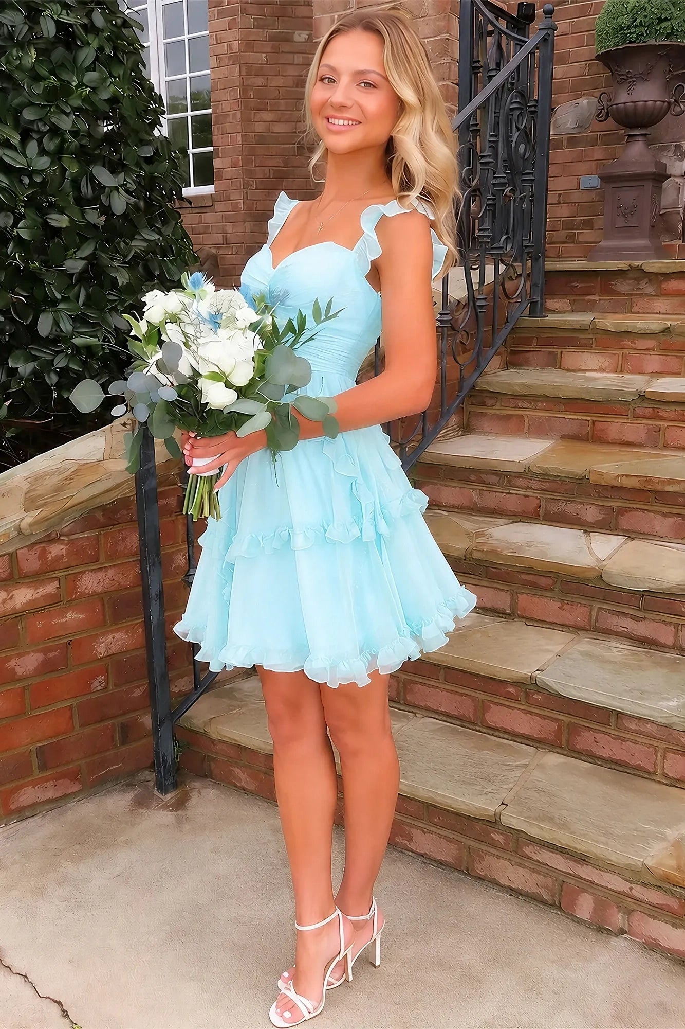 Chiffon A-Line Empire Ruffle Straps Tiered Mini Homecoming Dress