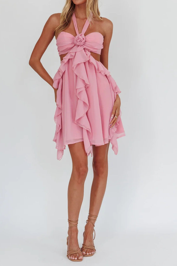 Chiffon A-Line Halter Ruffle Open Back Party Holiday Dress