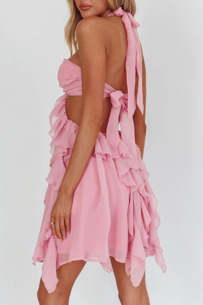 Chiffon A-Line Halter Ruffle Open Back Party Holiday Dress