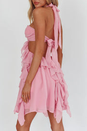 Chiffon A-Line Halter Ruffle Open Back Party Holiday Dress