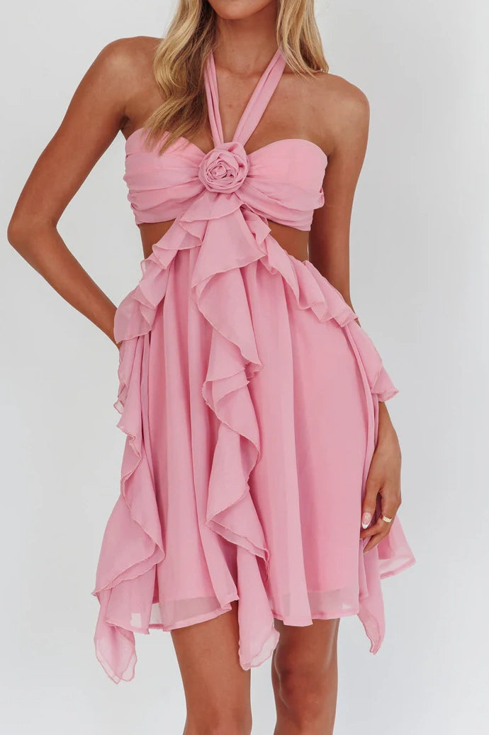 Chiffon A-Line Halter Ruffle Open Back Party Holiday Dress
