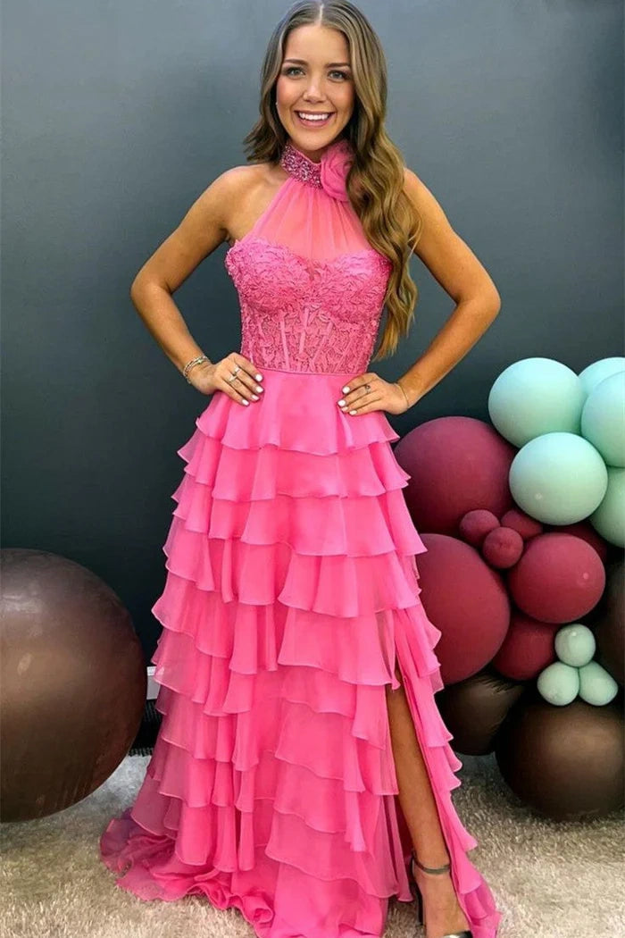 Chiffon A-Line High Neck Sleeveless Tiered Appliques Prom Dress