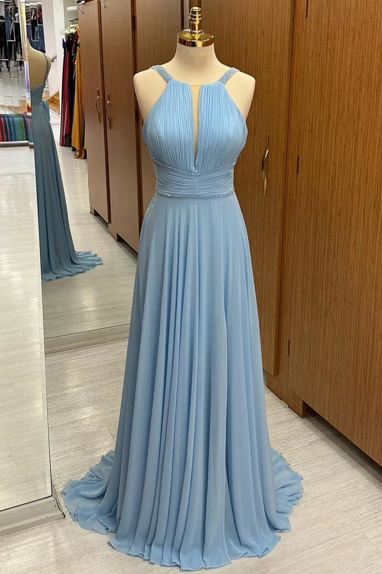 Chiffon A-Line Pleated Empire Sleeveless Long Party Prom Dress
