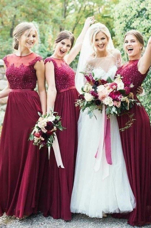 Chiffon A-Line Round Cap Sleeves Appliques Long Bridesmaid Dress