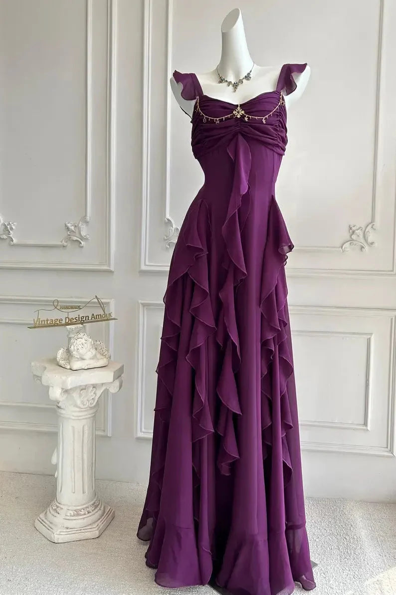 Chiffon A-Line Sleeveless Open Back Tiered Ruffle Party Prom Dress