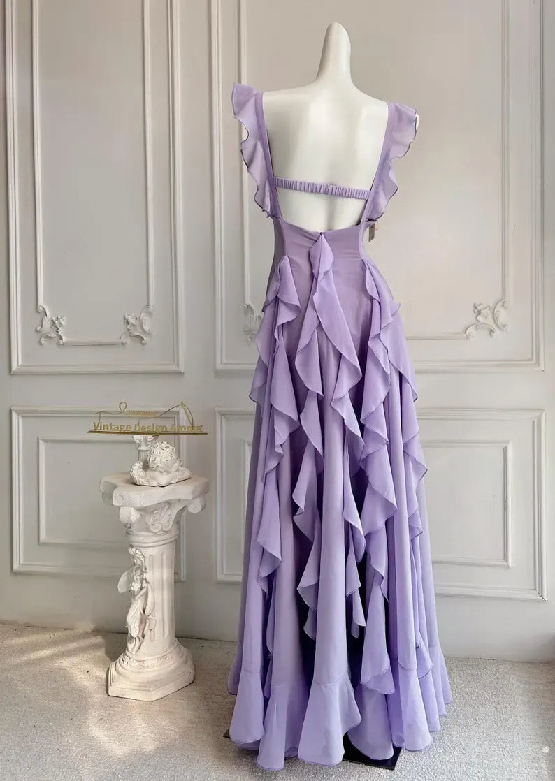 Chiffon A-Line Sleeveless Open Back Tiered Ruffle Party Prom Dress