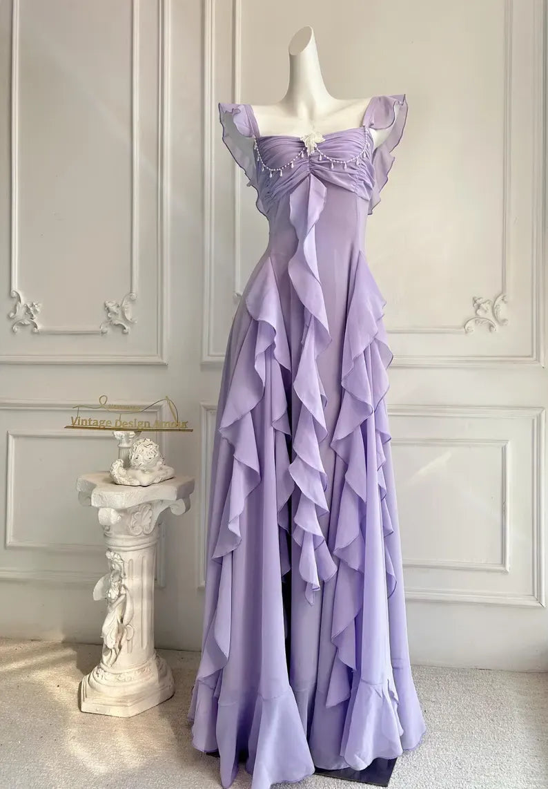 Chiffon A-Line Sleeveless Open Back Tiered Ruffle Party Prom Dress