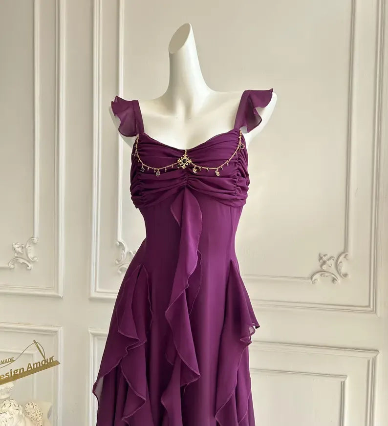 Chiffon A-Line Sleeveless Open Back Tiered Ruffle Party Prom Dress