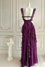 Chiffon A-Line Sleeveless Open Back Tiered Ruffle Party Prom Dress