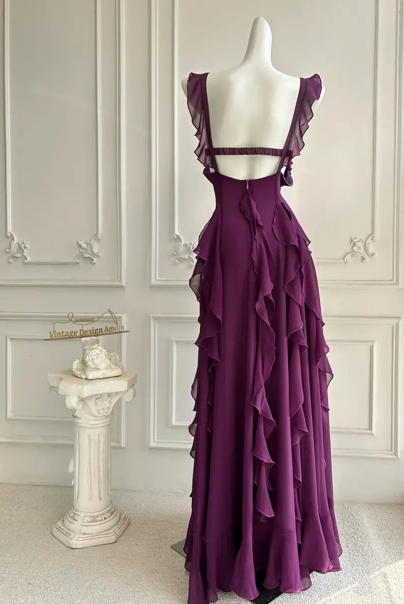 Chiffon A-Line Sleeveless Open Back Tiered Ruffle Party Prom Dress
