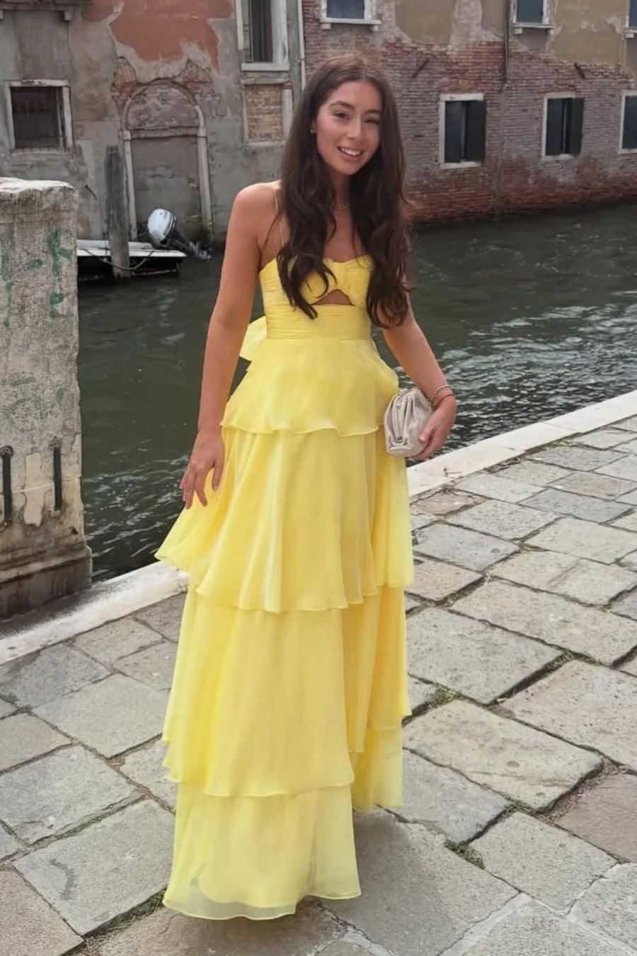 Chiffon A-Line Spaghetti Straps Empire Tiered Party Prom Dress