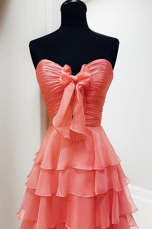 Chiffon Sweetheart Strapless A-Line Tiered Long Party Prom Dress