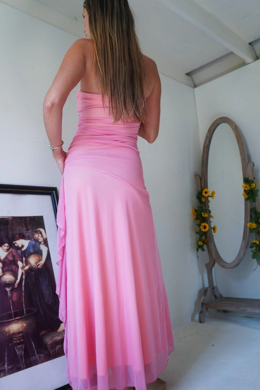 Chiffon A-Line Strapless Empire Floral Appliques Ruffle Party Prom Dress