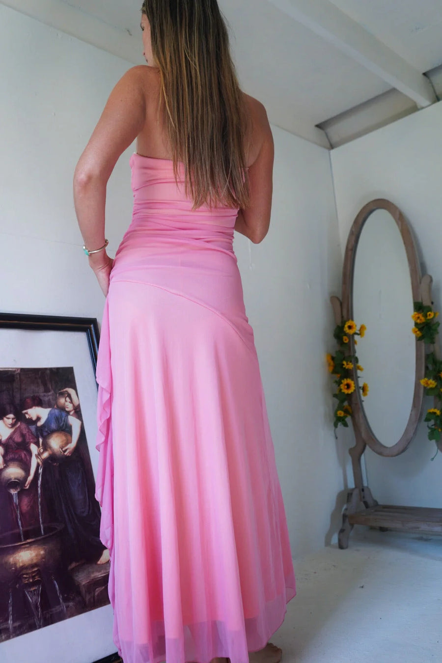 Chiffon A-Line Strapless Empire Floral Appliques Ruffle Party Prom Dress