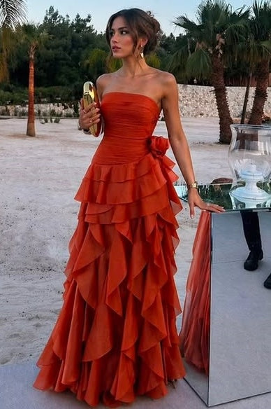 Chiffon A-Line Strapless Empire Ruffle Tiered Party Prom Dress