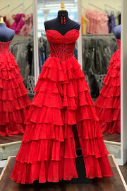 Chiffon A-Line Strapless Empire Tiered Party Prom Dress With Slit