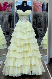 Chiffon A-Line Strapless Empire Tiered Party Prom Dress With Slit