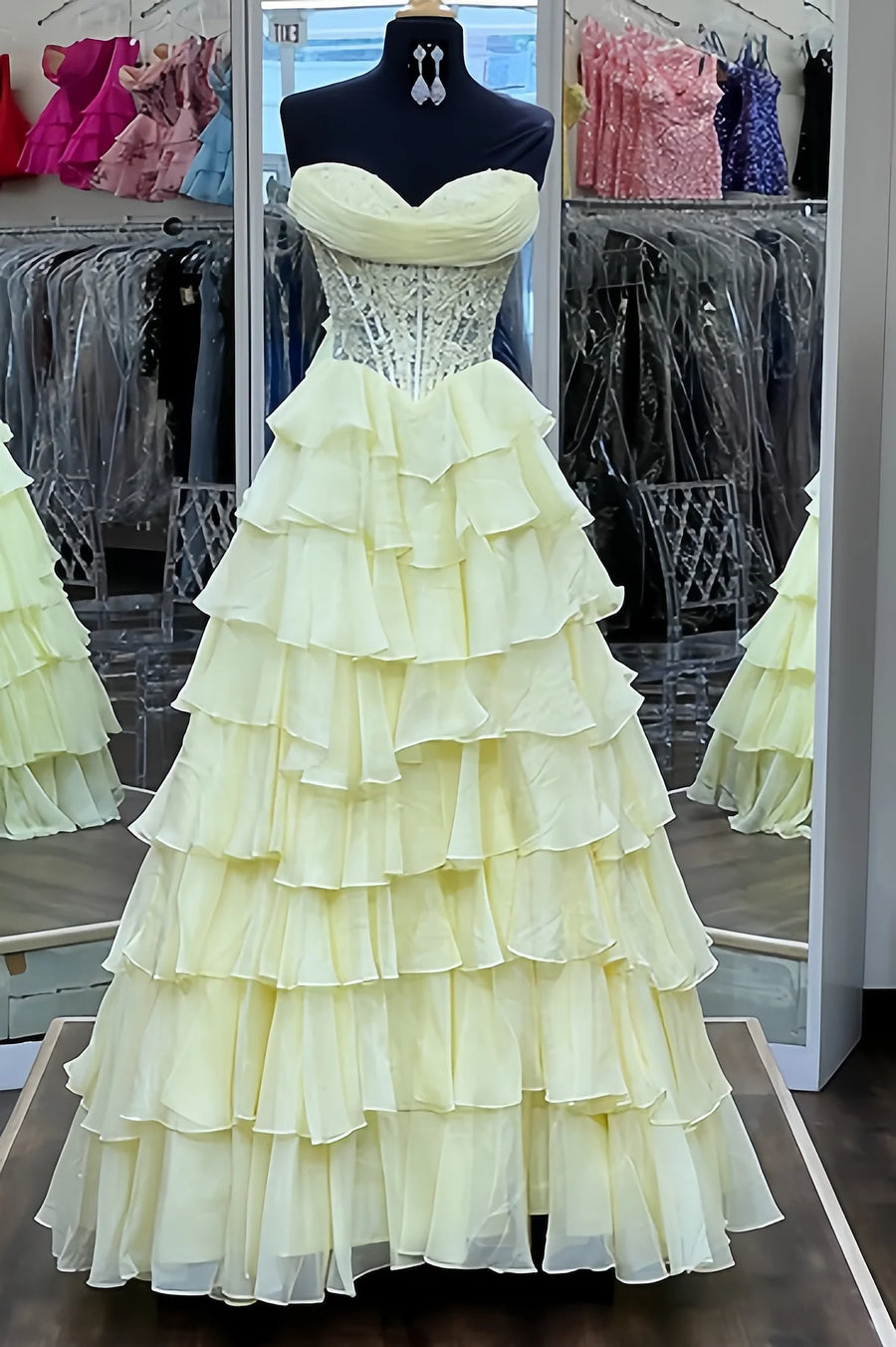 Chiffon A-Line Strapless Empire Tiered Party Prom Dress With Slit