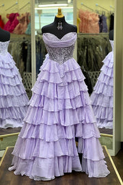 Chiffon A-Line Strapless Empire Tiered Party Prom Dress With Slit