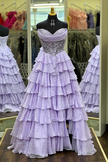 Chiffon A-Line Strapless Empire Tiered Party Prom Dress With Slit