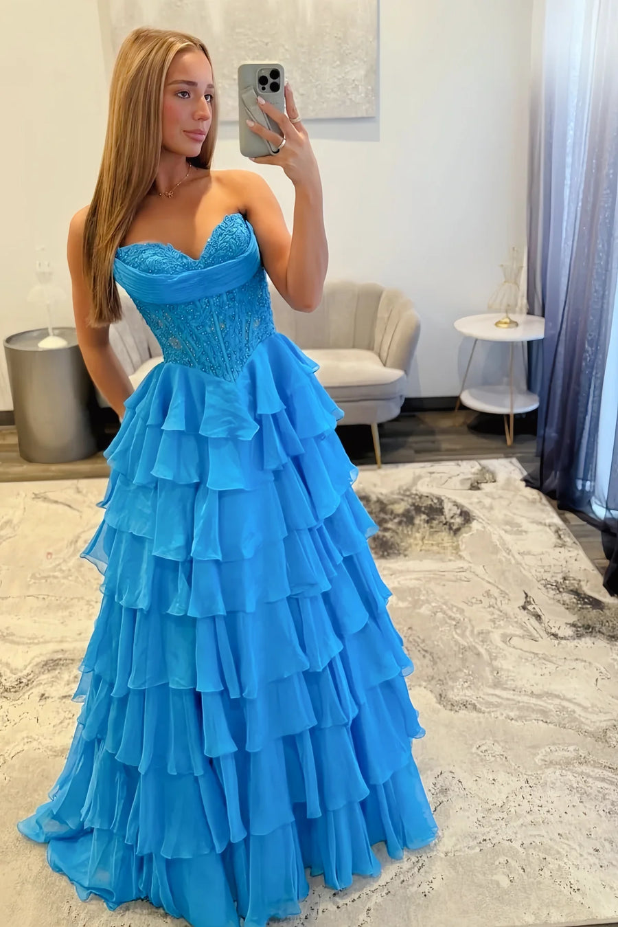Chiffon A-Line Strapless Empire Tiered Party Prom Dress With Slit