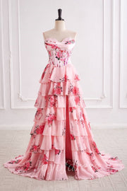 Chiffon A-Line Strapless Floral A-Line Tiered Prom Party Dress 