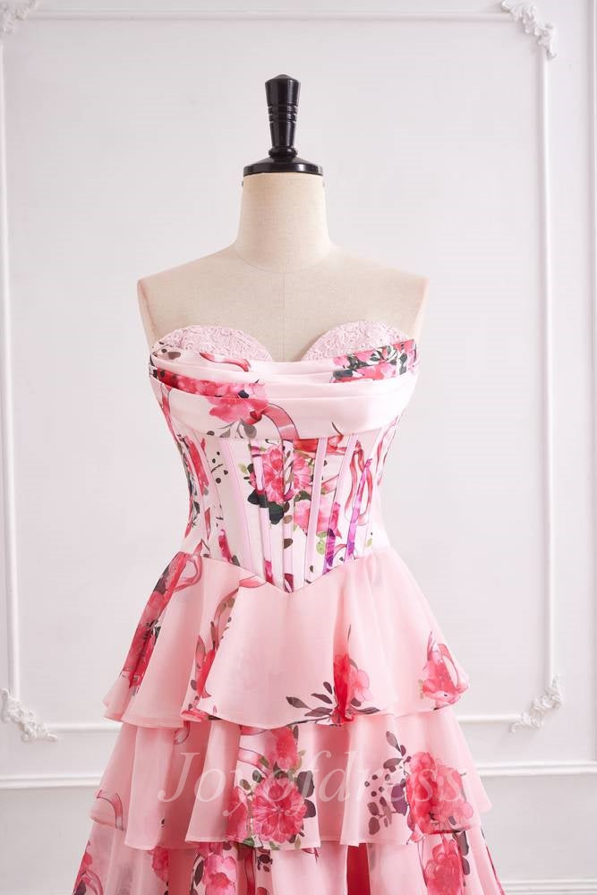 Chiffon A-Line Strapless Floral A-Line Tiered Prom Party Dress 