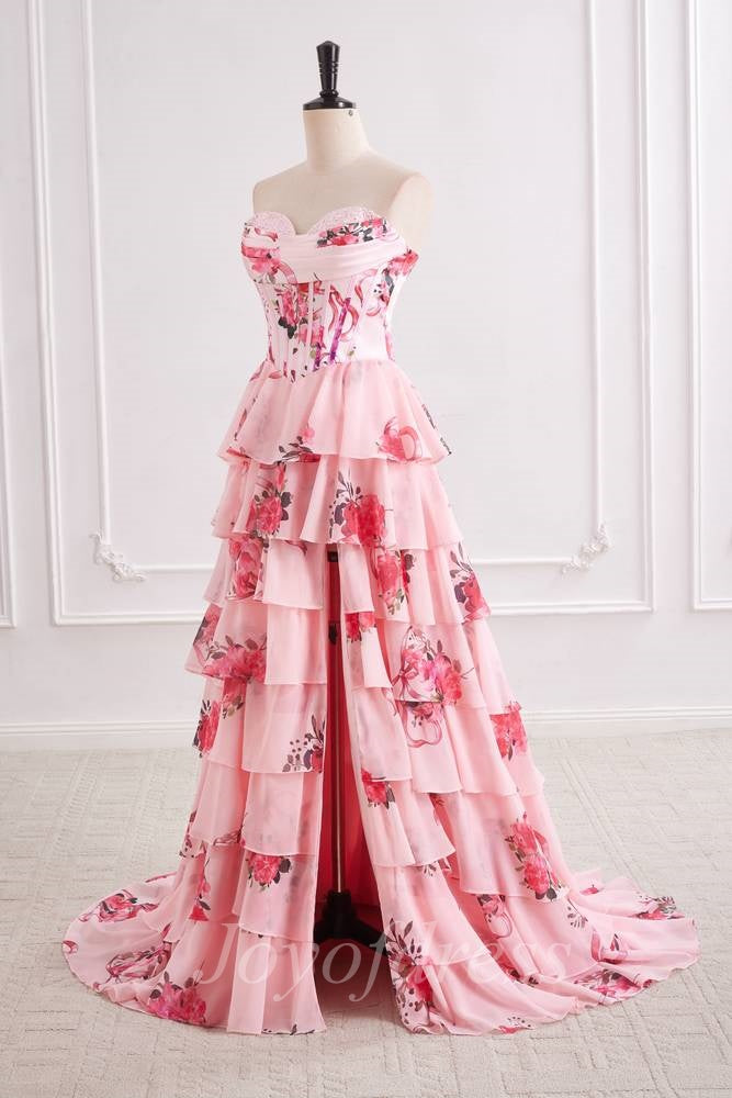Chiffon A-Line Strapless Floral A-Line Tiered Prom Party Dress 