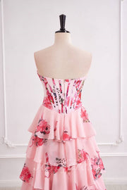 Chiffon A-Line Strapless Floral A-Line Tiered Prom Party Dress 