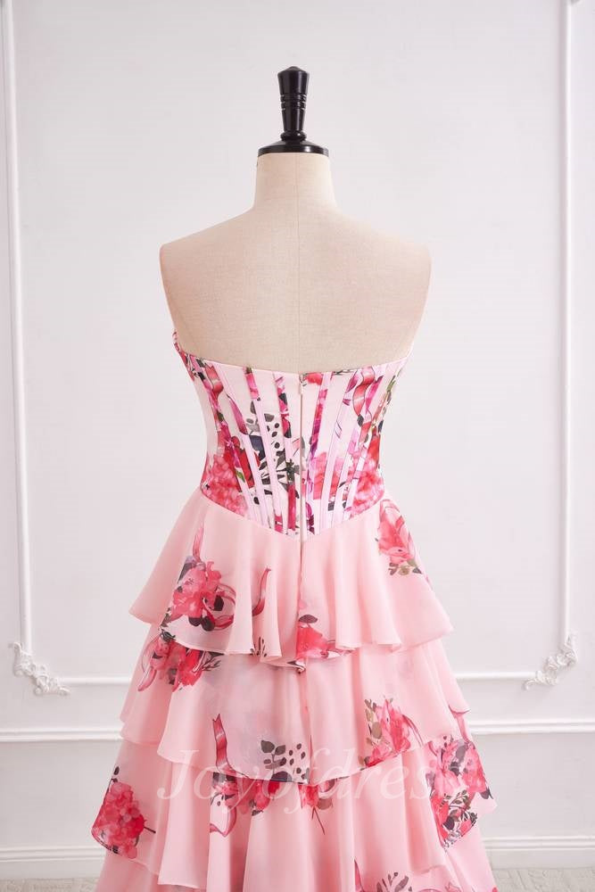 Chiffon A-Line Strapless Floral A-Line Tiered Prom Party Dress 