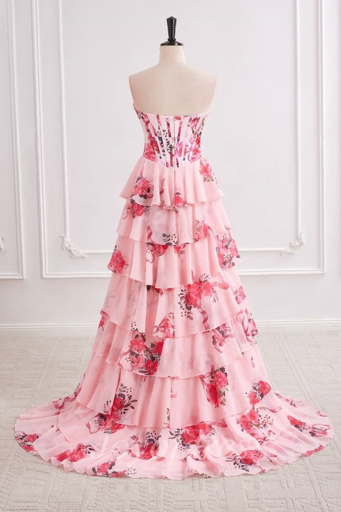 Chiffon A-Line Strapless Floral A-Line Tiered Prom Party Dress 
