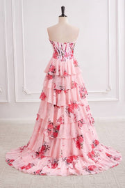Chiffon A-Line Strapless Floral A-Line Tiered Prom Party Dress 