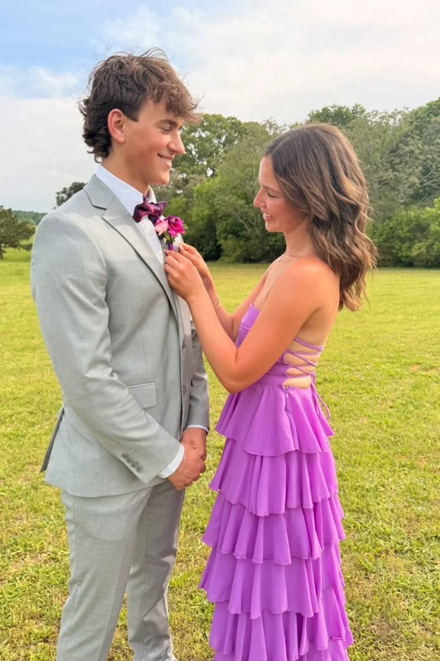 Chiffon A-Line Strapless Lace Up Tiered Party Prom Dress