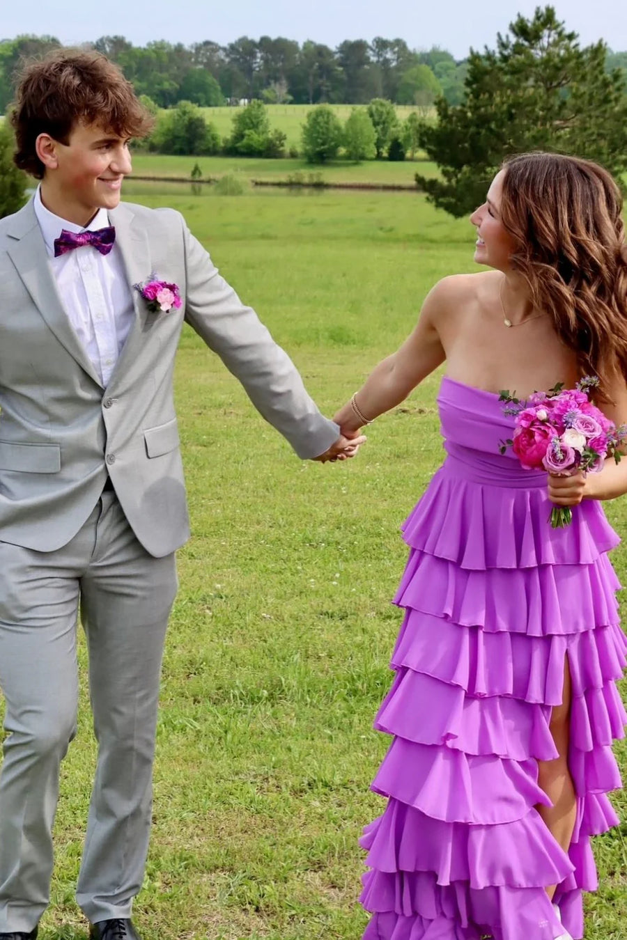 Chiffon A-Line Strapless Lace Up Tiered Party Prom Dress