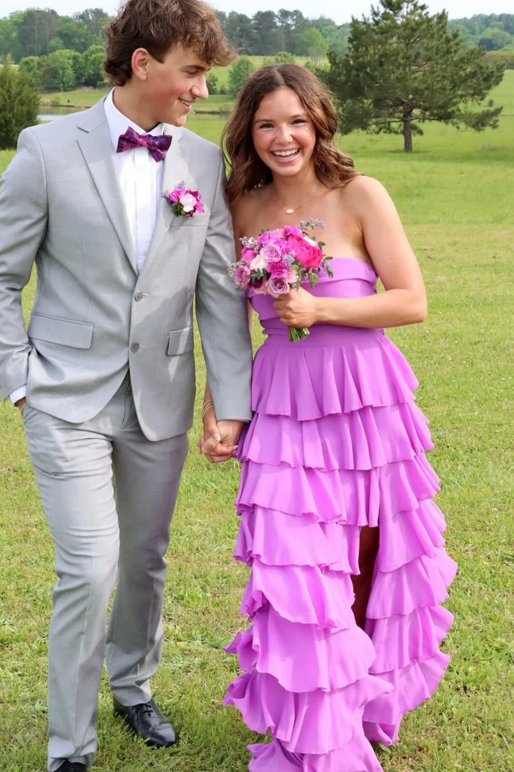 Chiffon A-Line Strapless Lace Up Tiered Party Prom Dress