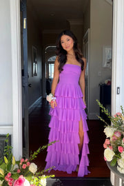 Chiffon A-Line Strapless Lace Up Tiered Party Prom Dress