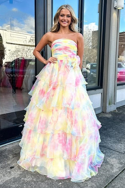 Chiffon A-Line Strapless Tiered Long Prom Party Dress
