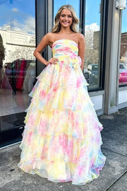 Chiffon A-Line Strapless Tiered Long Prom Party Dress