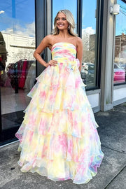 Chiffon A-Line Strapless Tiered Long Prom Party Dress