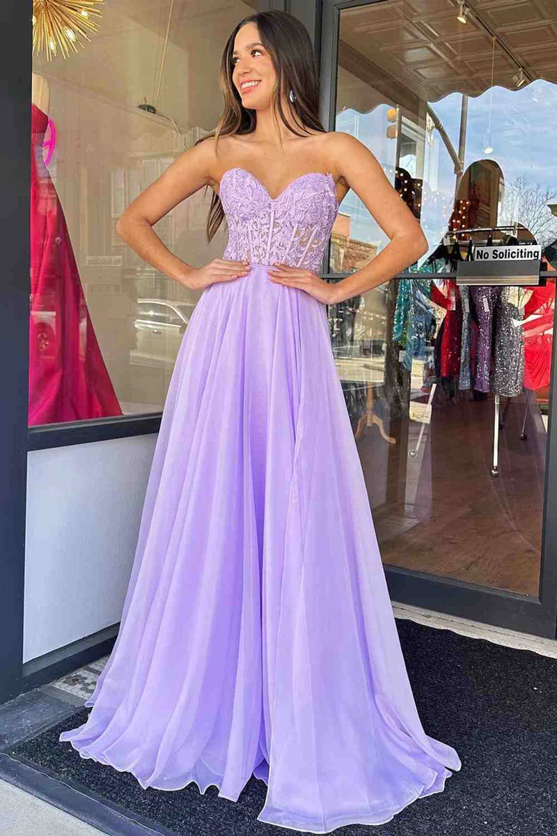 Chiffon A-Line Sweetheart Lace Appliques Lace Up Prom Dress