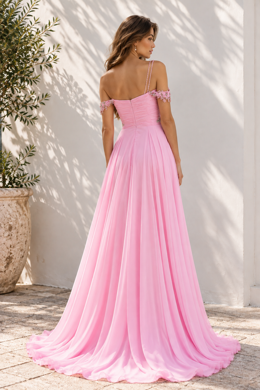Chiffon A-Line Sweetheart Off-Shoulder Beaded Appliques Split Party Prom Dress