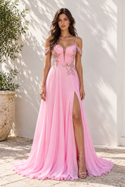 Chiffon A-Line Sweetheart Off-Shoulder Beaded Appliques Split Party Prom Dress