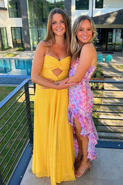 Chiffon A-Line Sweetheart Strapless Pleated Long Party Prom Dress