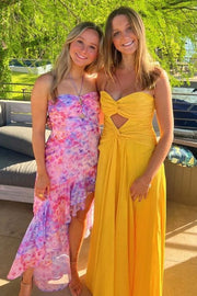 Chiffon A-Line Sweetheart Strapless Pleated Long Party Prom Dress