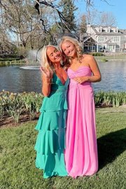 Chiffon A-Line Sweetheart Strapless Pleated Long Party Prom Dress