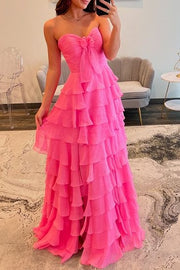 Chiffon A-Line Sweetheart Strapless Tiered Formal Party Dress